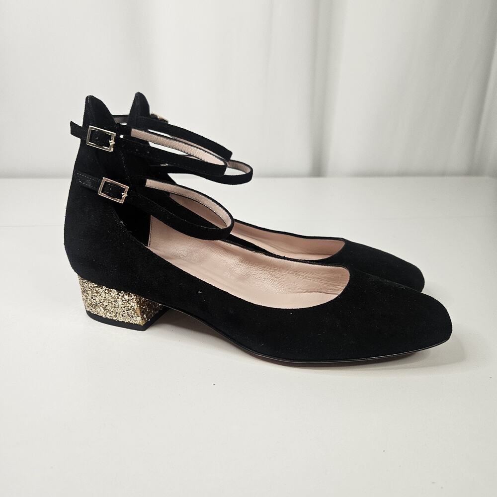 Kate Spade Black Mary Jane Suede Gold Giltter Block Heel 6M Dbl Strap Square Toe